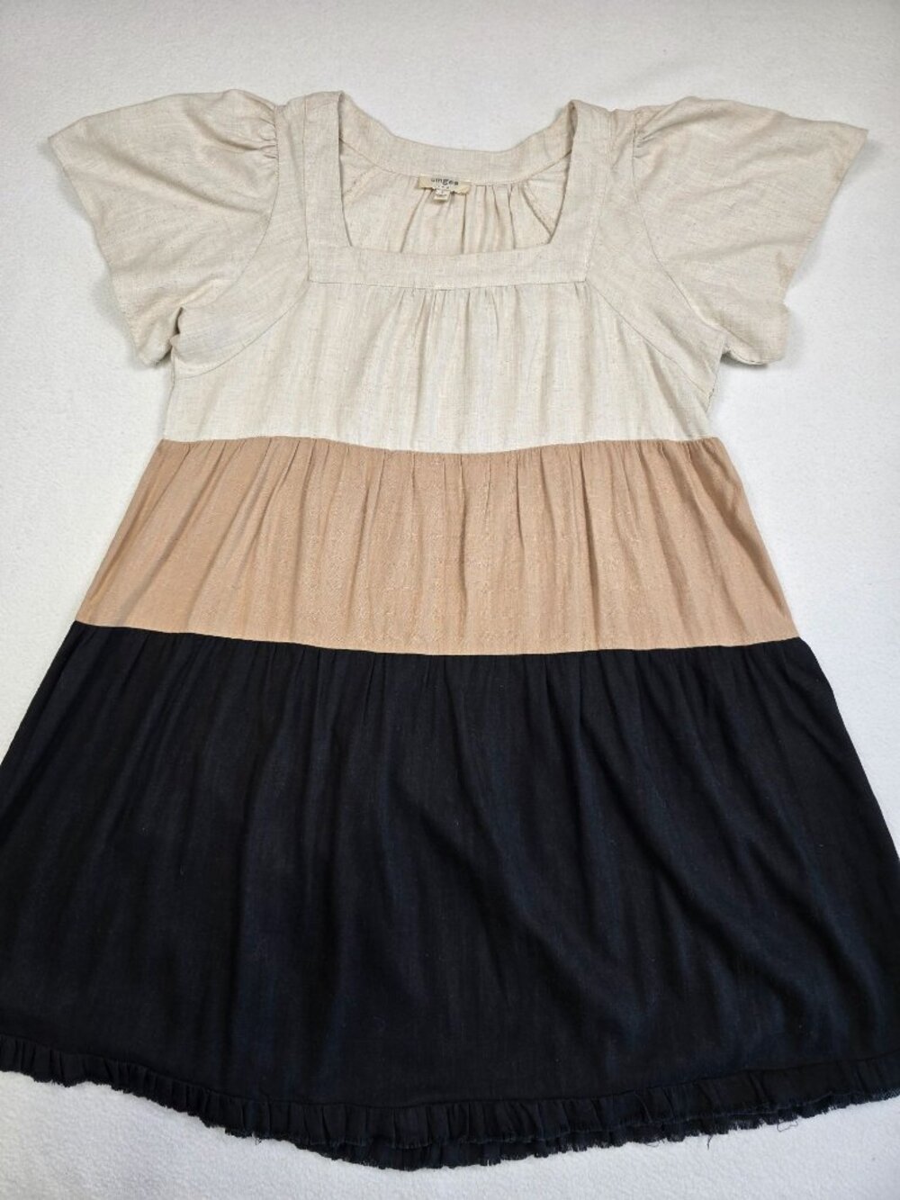 Umgee Color Block Dress S Linen Blend Short Sleeve Boho Cottage Core